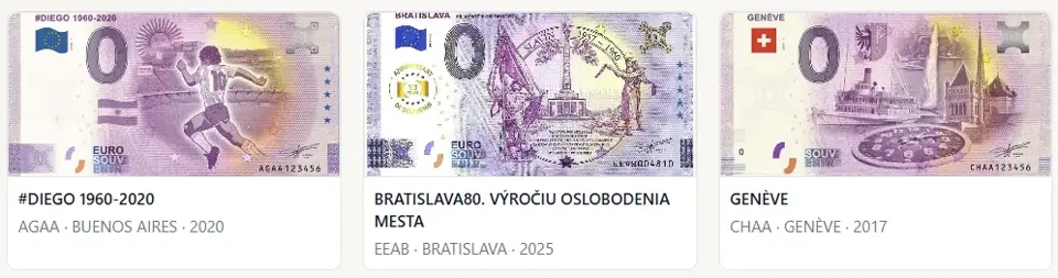 Trois billets souvenirs de 0 euro dans notre catalogue